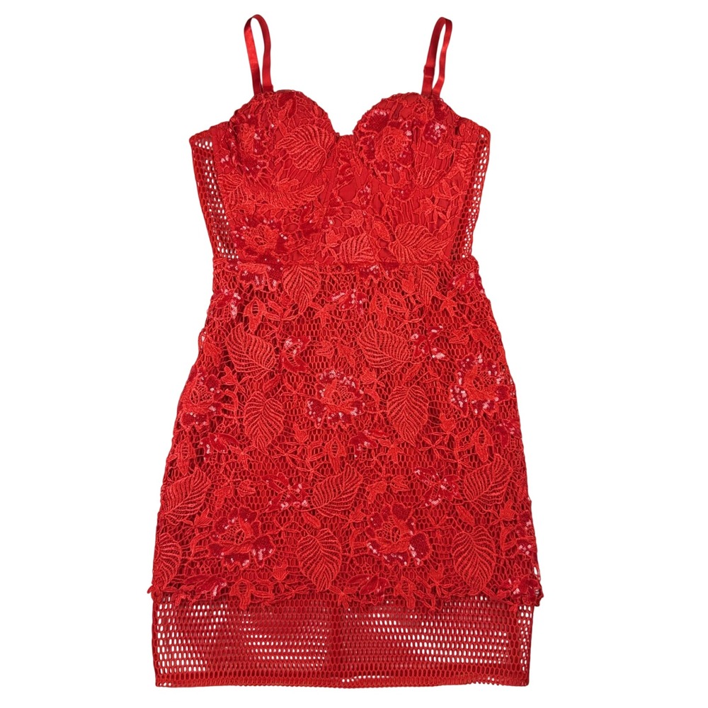 Ark & Co. Red Floral Sequin Lace Mesh Sweetheart Mini Dress Size Medium